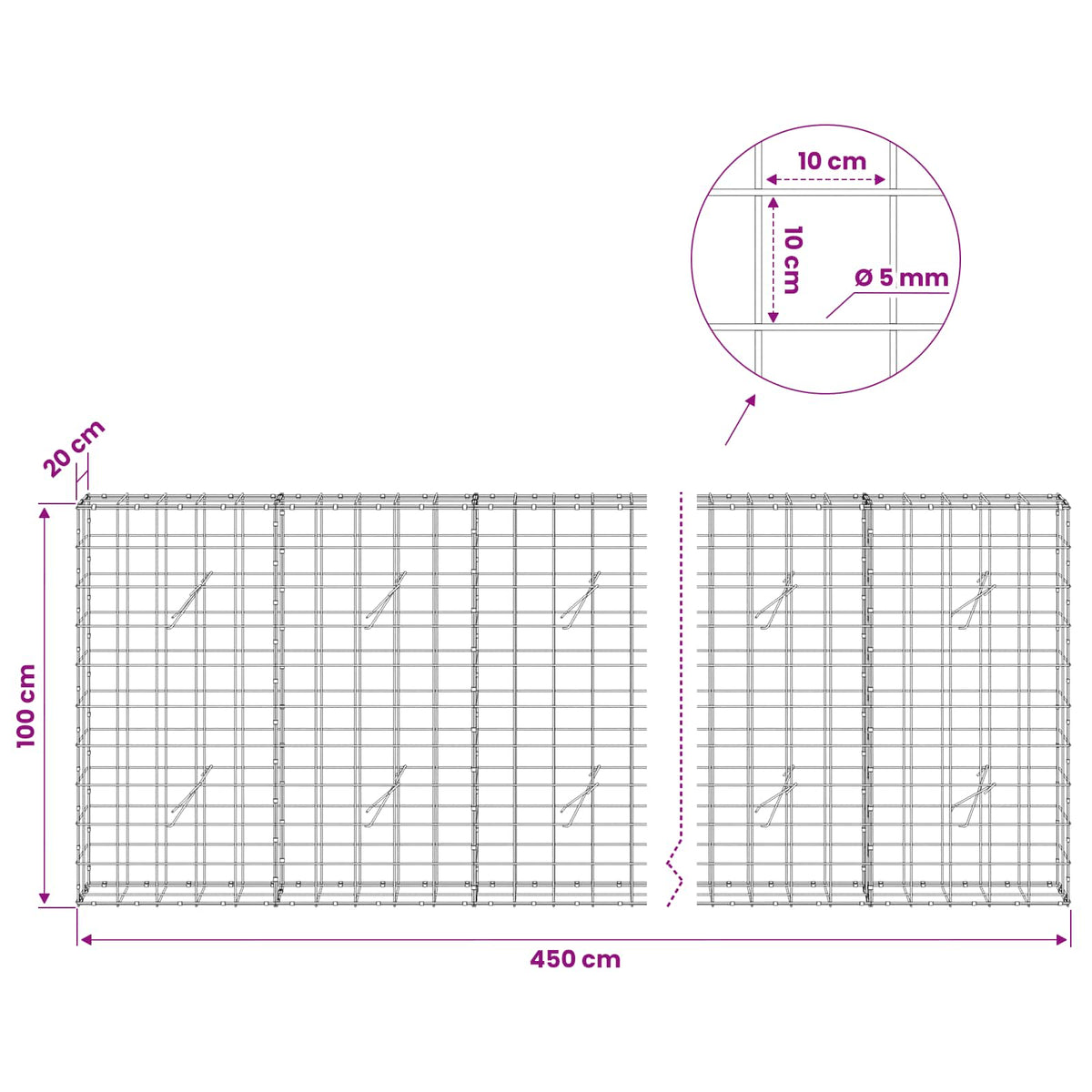 Γκαμπιόν με σύρμα 5 mm και πλέγμα 10x10 cm 450x20x100 εκ