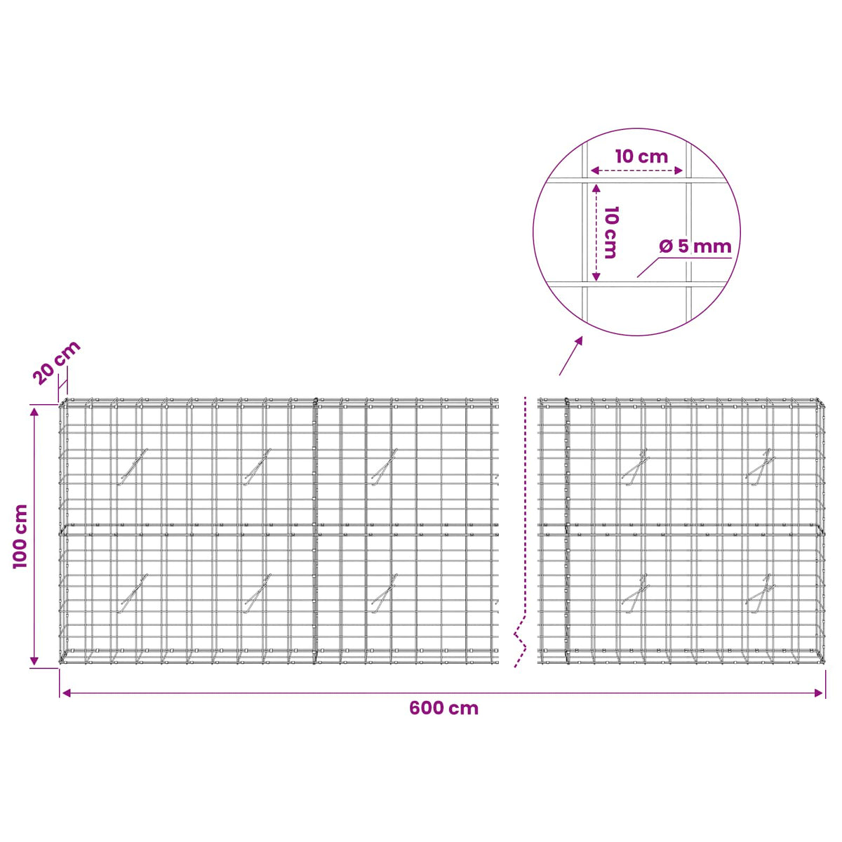 Γκαμπιόν με σύρμα 5 mm και πλέγμα 10x10 cm 600x20x100 εκ - Pakobazaar