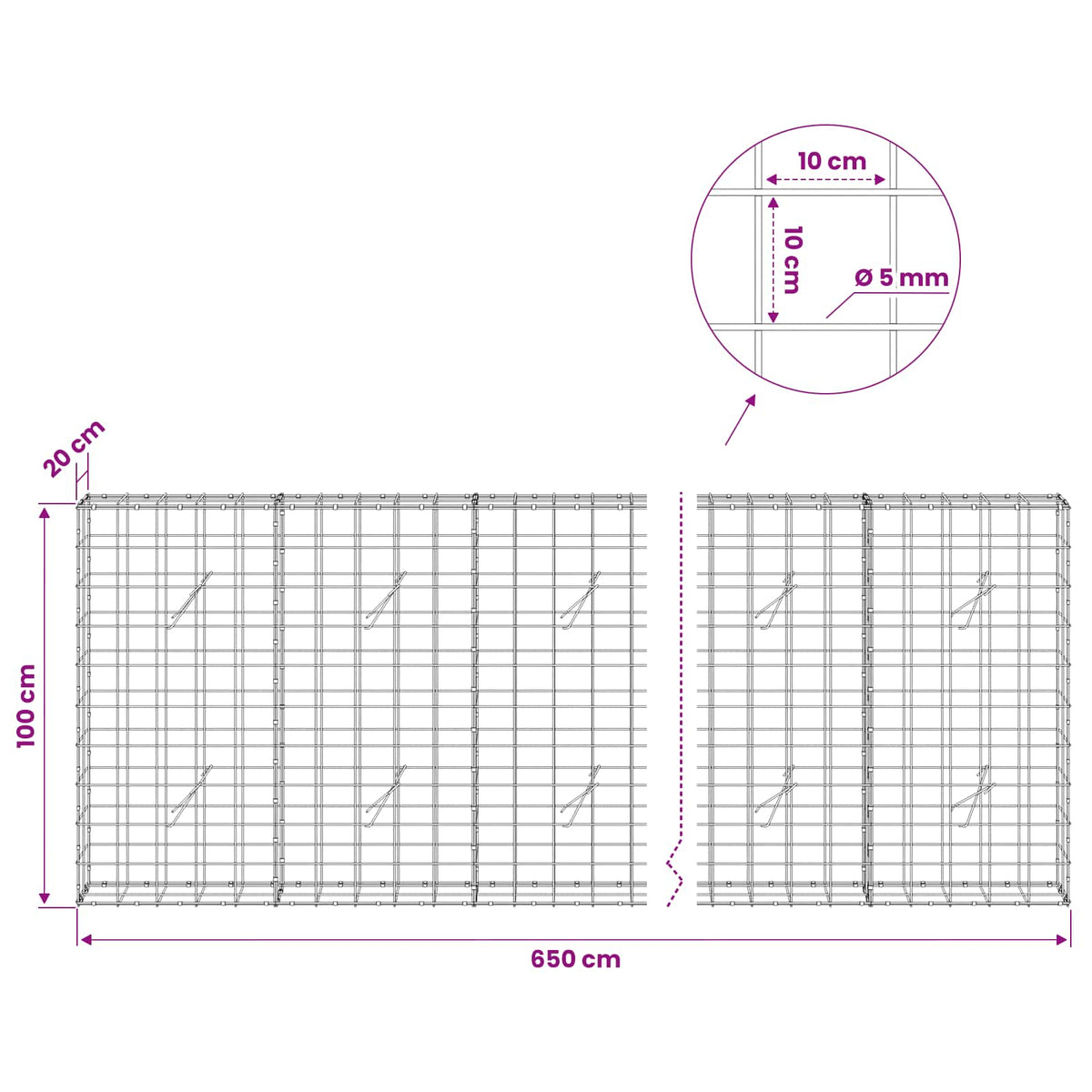 Γκαμπιόν με σύρμα 5 mm και πλέγμα 10x10 cm 650x20x100 εκ - Pakobazaar