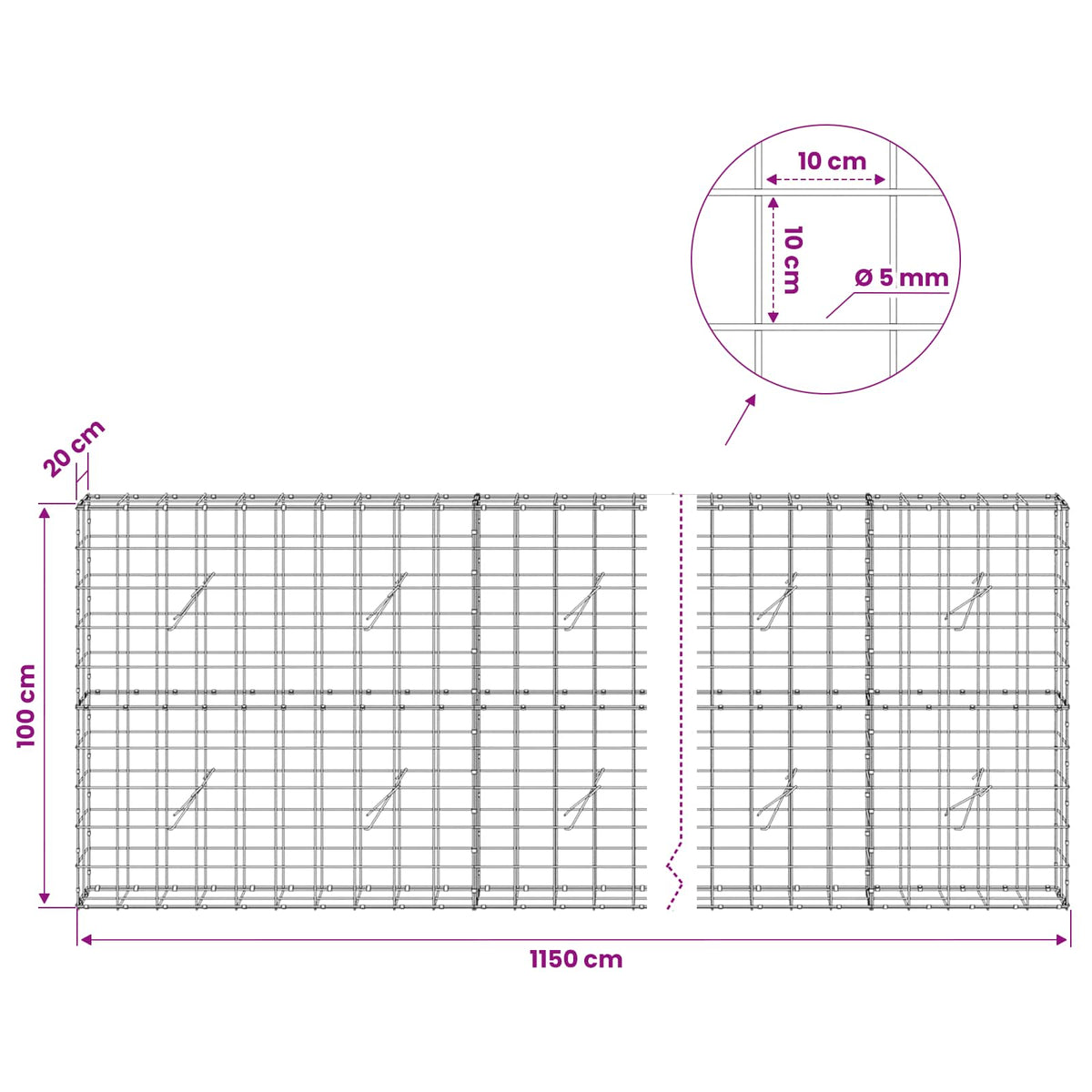 Γκαμπιόν με σύρμα 5 mm και πλέγμα 10x10 cm 1150x20x100 εκ - Pakobazaar