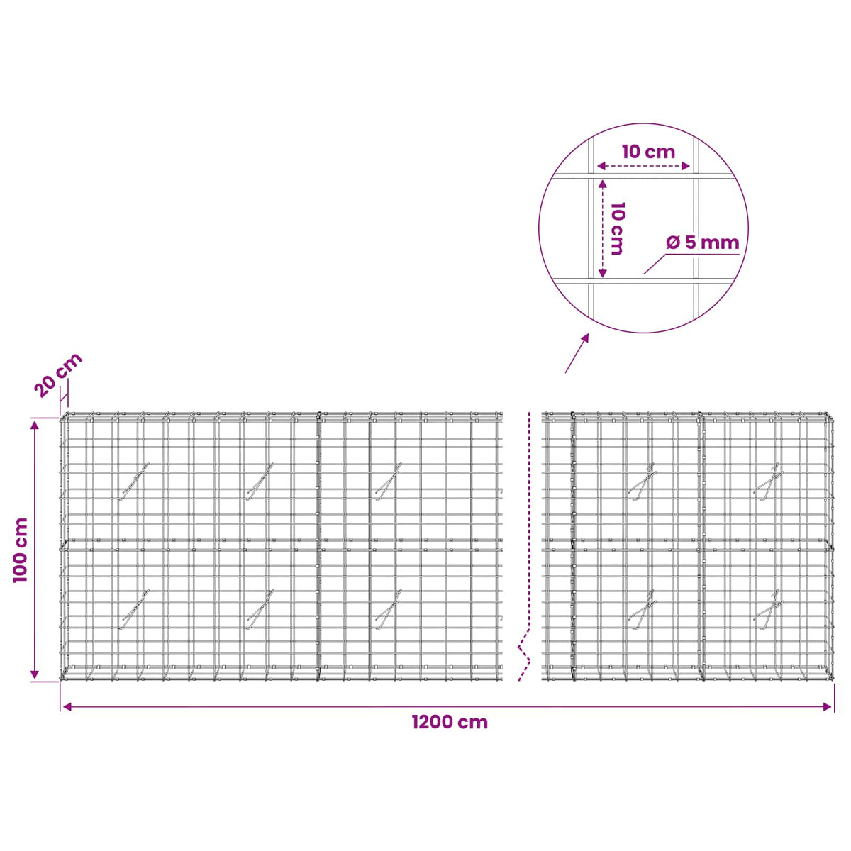 Γκαμπιόν με σύρμα 5 mm και πλέγμα 10x10 cm 1200x20x100 εκ - Pakobazaar