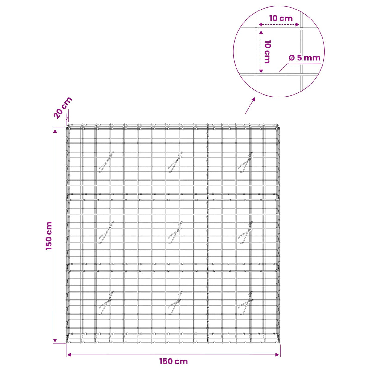 Γκαμπιόν με σύρμα 5 mm και πλέγμα 10x10 cm 150x20x150 εκ - Pakobazaar