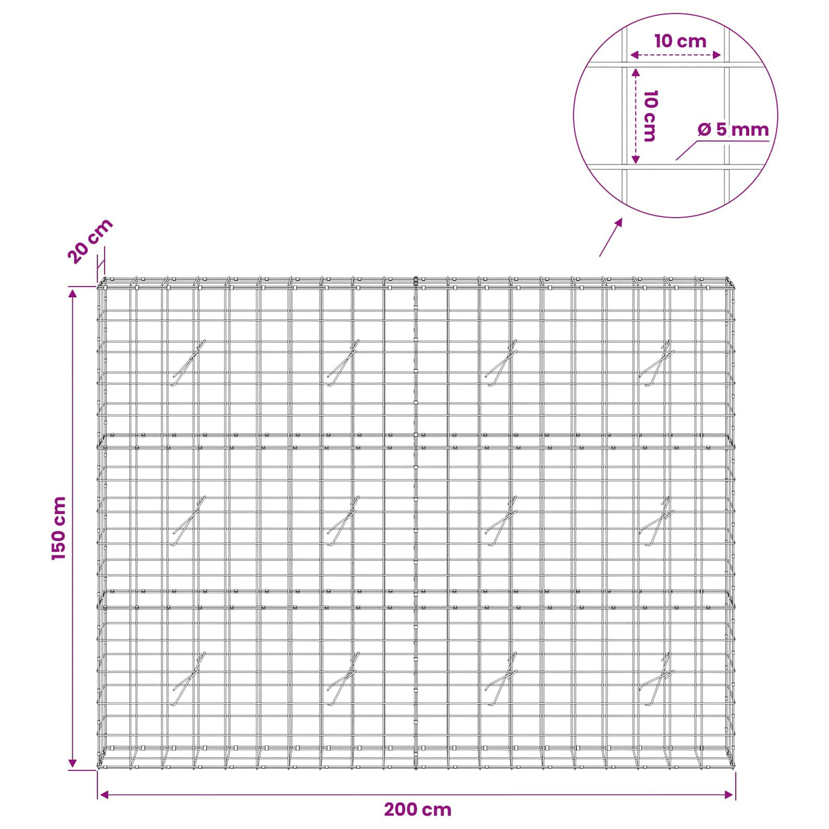Γκαμπιόν με σύρμα 5 mm και πλέγμα 10x10 cm 200x20x150 εκ - Pakobazaar