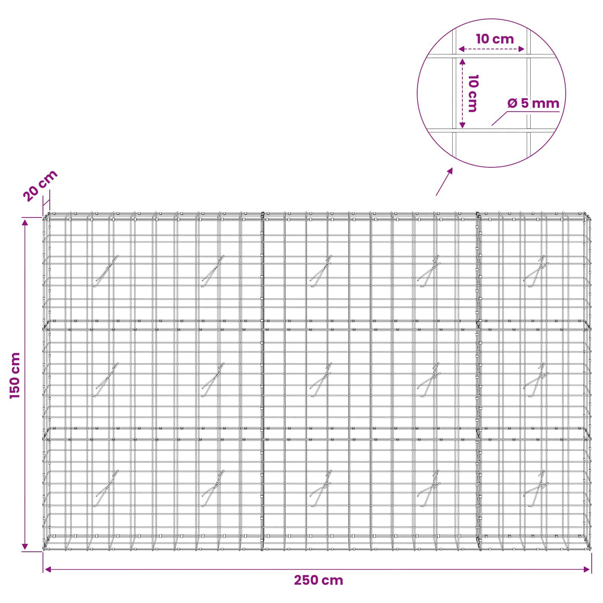 Γκαμπιόν με σύρμα 5 mm και πλέγμα 10x10 cm 250x20x150 εκ. - Pakobazaar