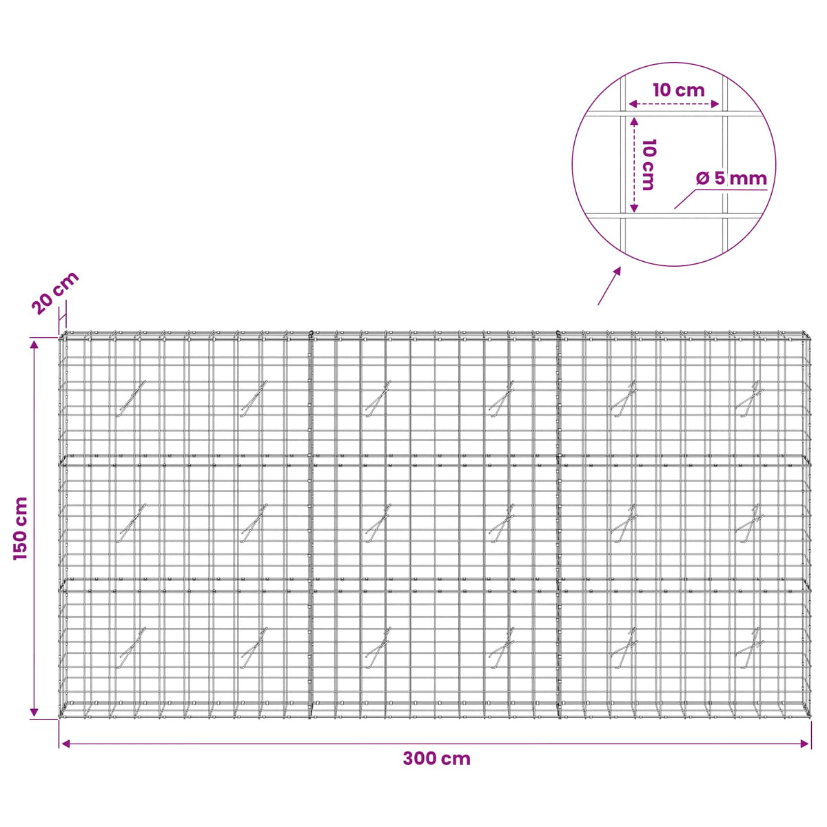 Γκαμπιόν με σύρμα 5 mm και πλέγμα 10x10 cm 300x20x150 εκ - Pakobazaar