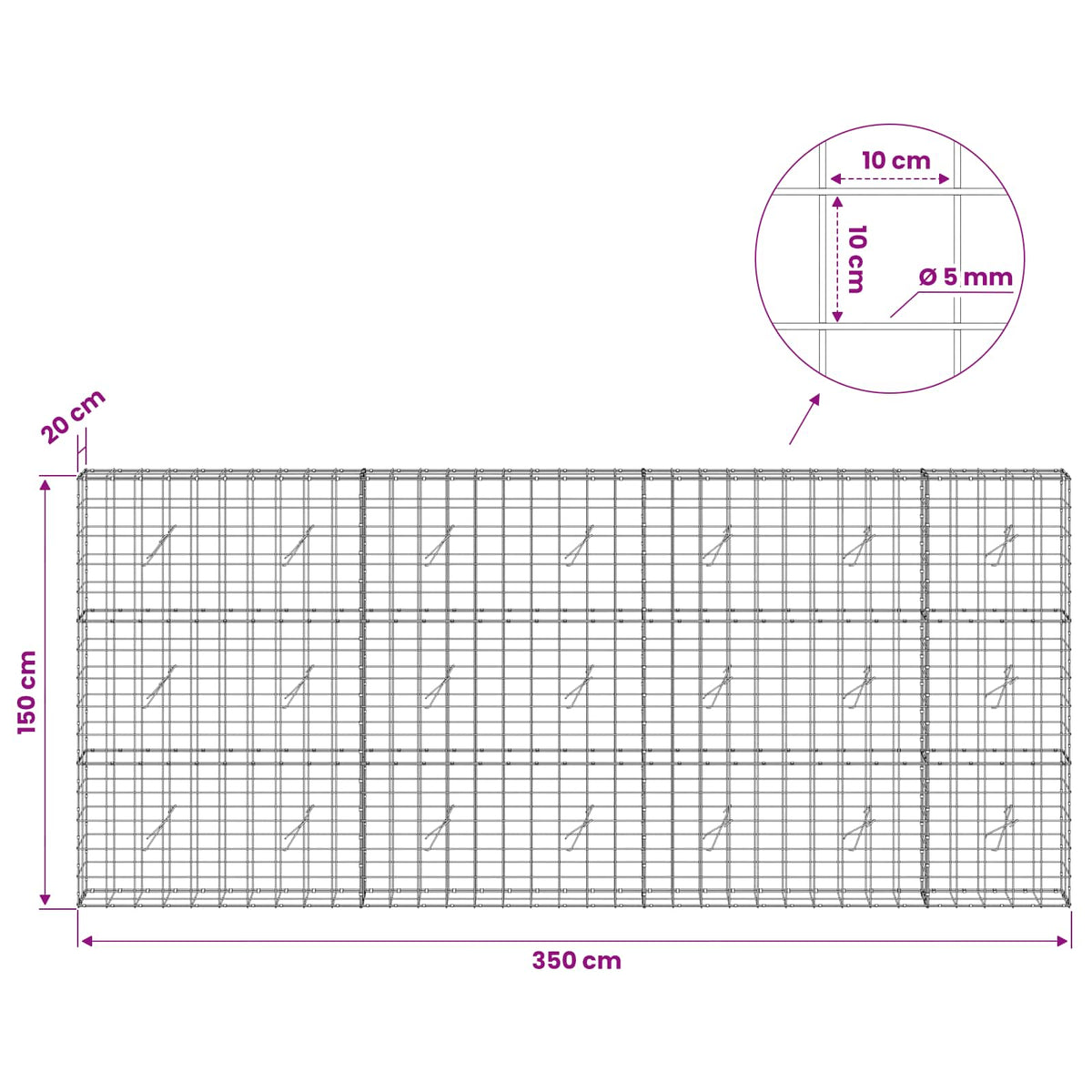 Γκαμπιόν με σύρμα 5 mm και πλέγμα 10x10 cm 350x20x150 εκ - Pakobazaar