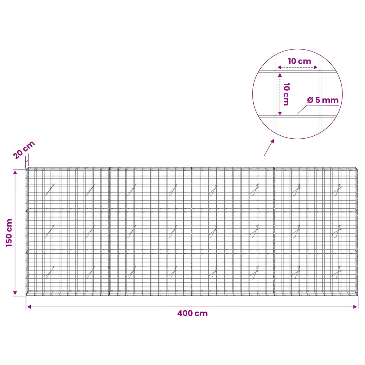 Γκαμπιόν με σύρμα 5 mm και πλέγμα 10x10 cm 400x20x150 εκ - Pakobazaar