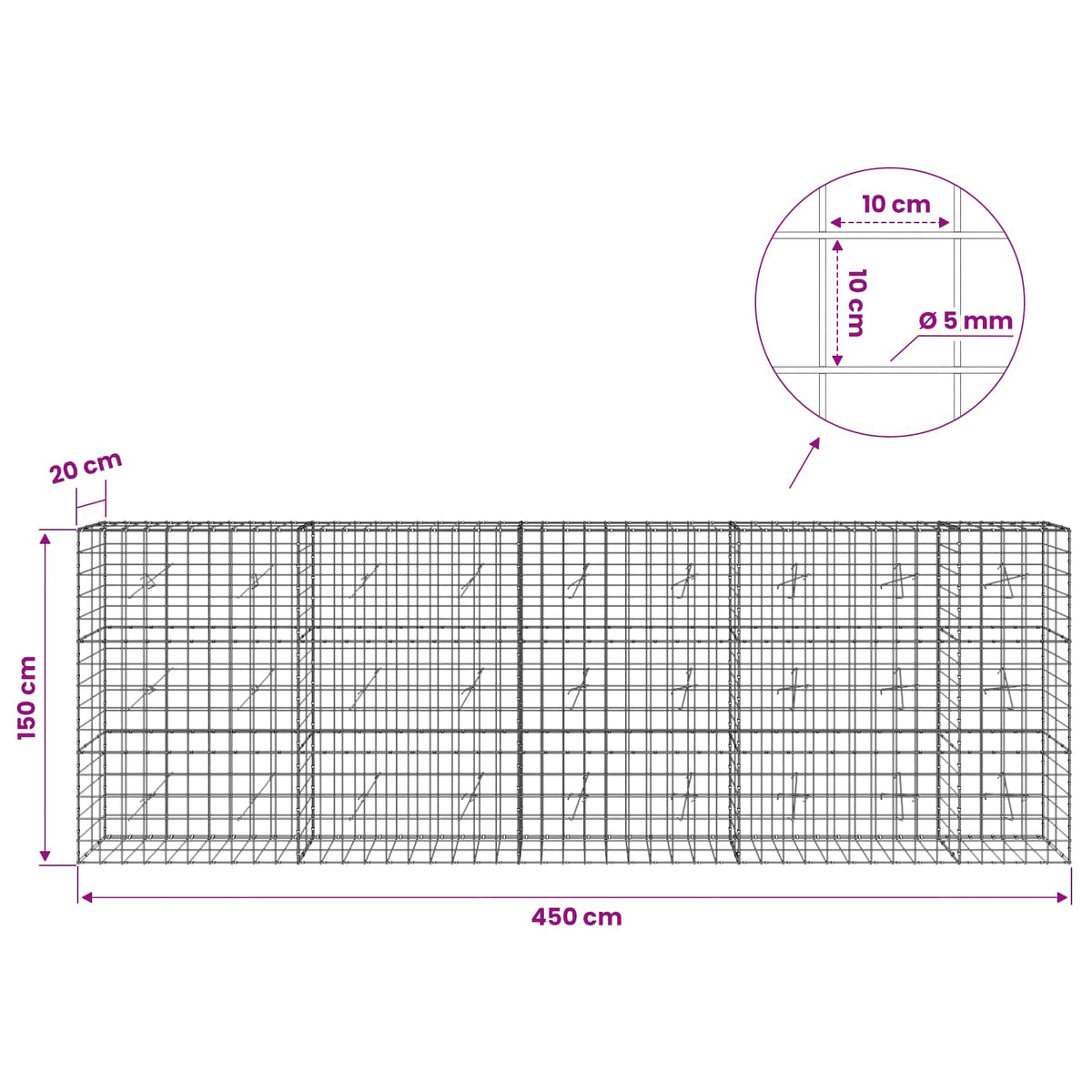 Γκαμπιόν με σύρμα 5 mm και πλέγμα 10x10 cm 450x20x150 εκ