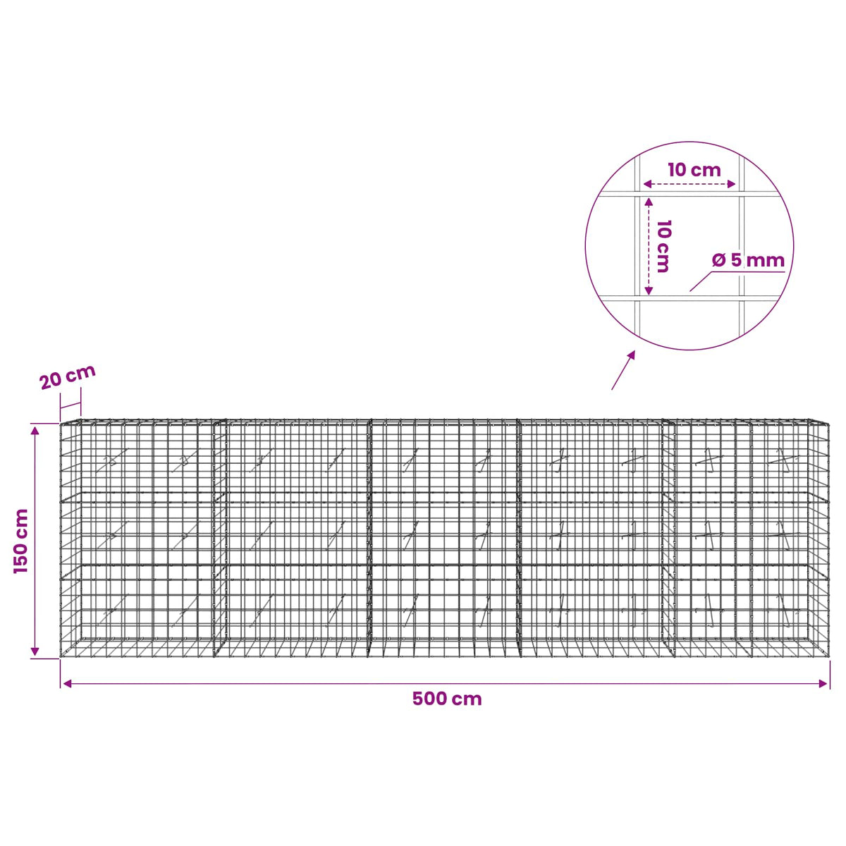 Γκαμπιόν με σύρμα 5 mm και πλέγμα 10x10 cm 500x20x150 εκ