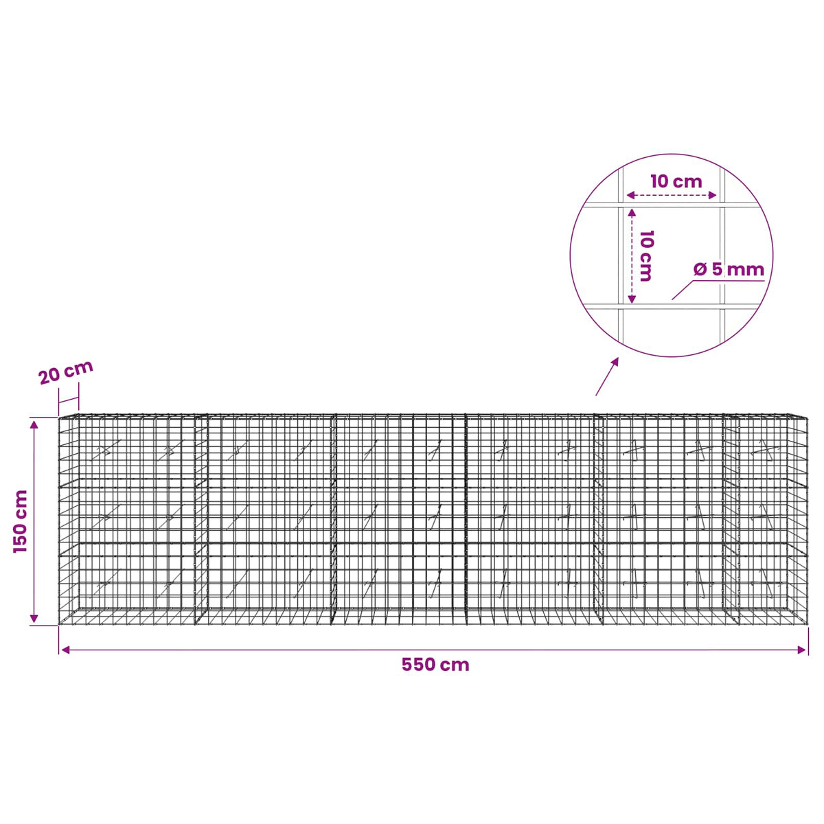 Γκαμπιόν με σύρμα 5 mm και πλέγμα 10x10 cm 550x20x150 εκ - Pakobazaar