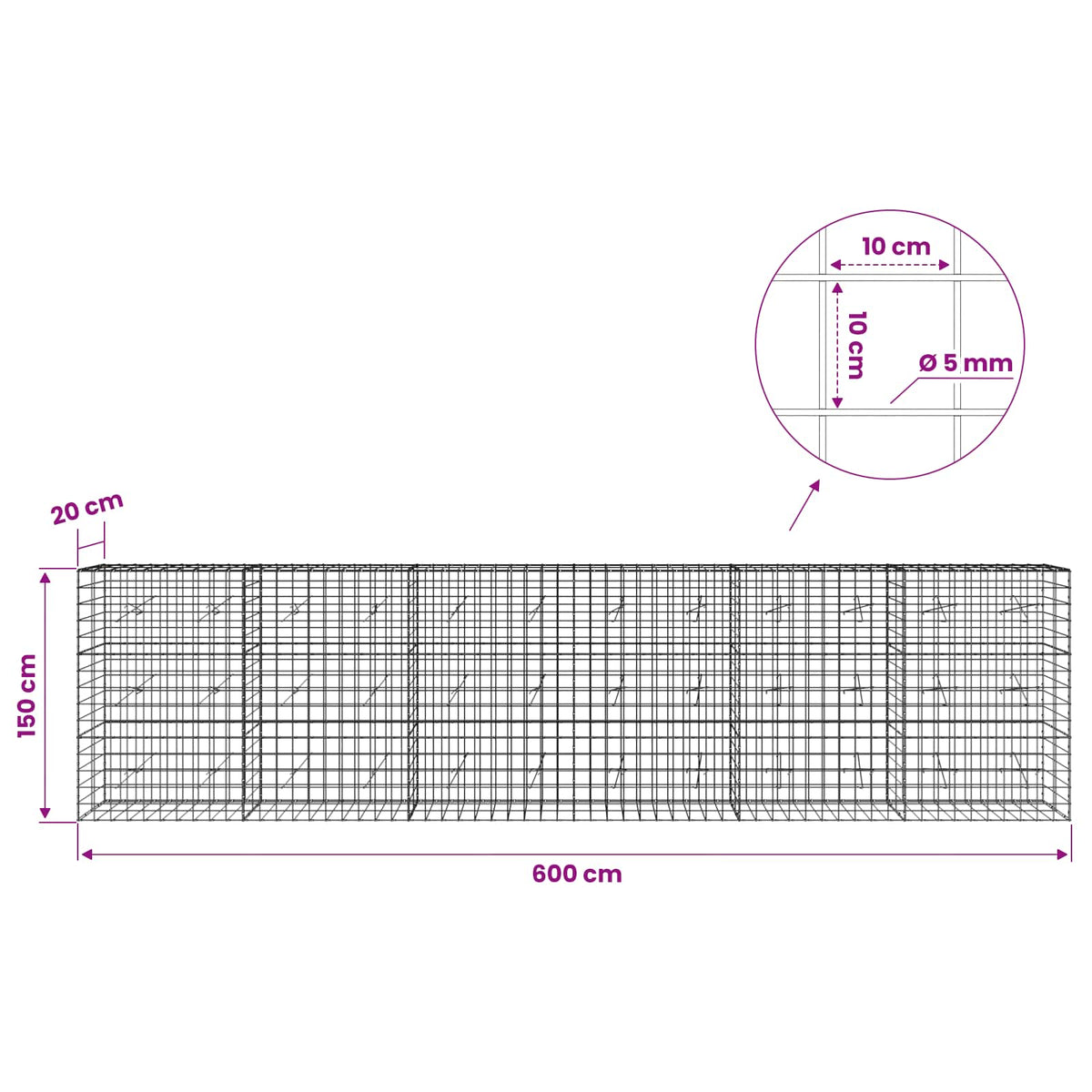 Γκαμπιόν με σύρμα 5 mm και πλέγμα 10x10 cm 600x20x150 εκ