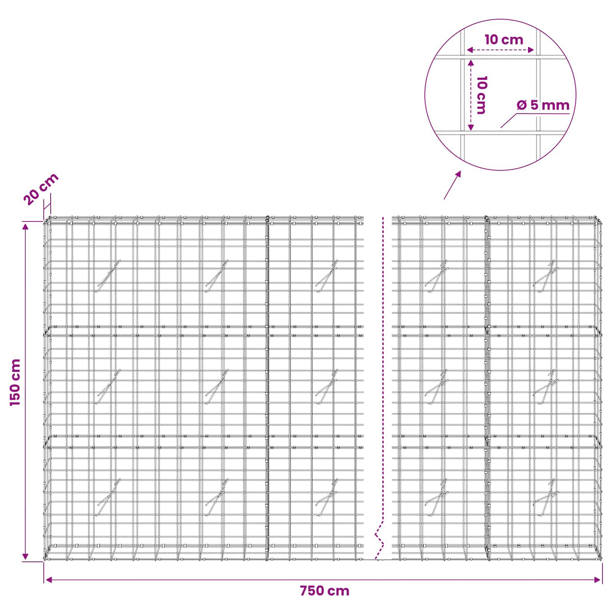 Γκαμπιόν με σύρμα 5 mm και πλέγμα 10x10 cm 750x20x150 εκ - Pakobazaar