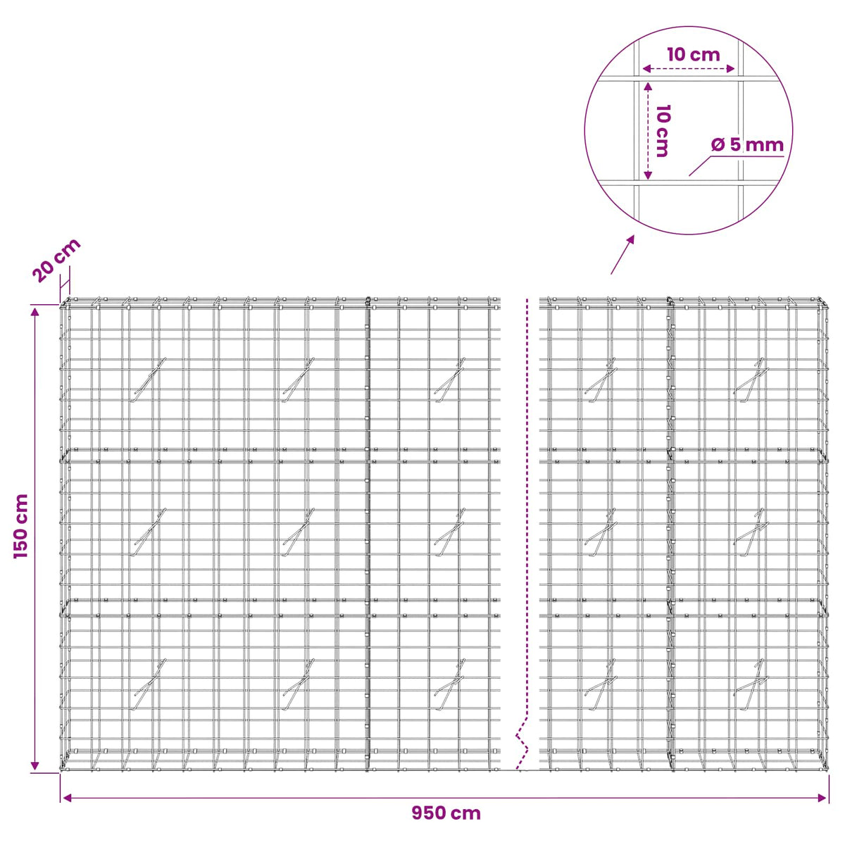 Γκαμπιόν με σύρμα 5 mm και πλέγμα 10x10 cm 950x20x150 εκ - Pakobazaar