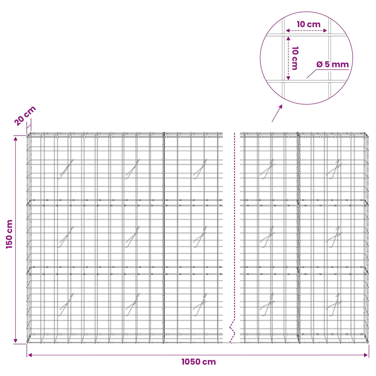 Γκαμπιόν με σύρμα 5 mm και πλέγμα 10x10 cm 1050x20x150 εκ - Pakobazaar