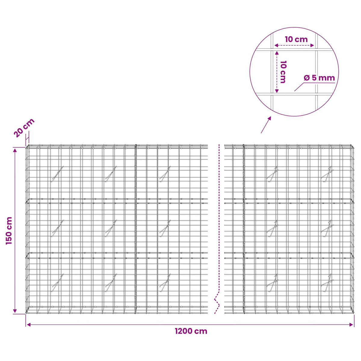 Γκαμπιόν με σύρμα 5 mm και πλέγμα 10x10 cm 1200x20x150 εκ - Pakobazaar