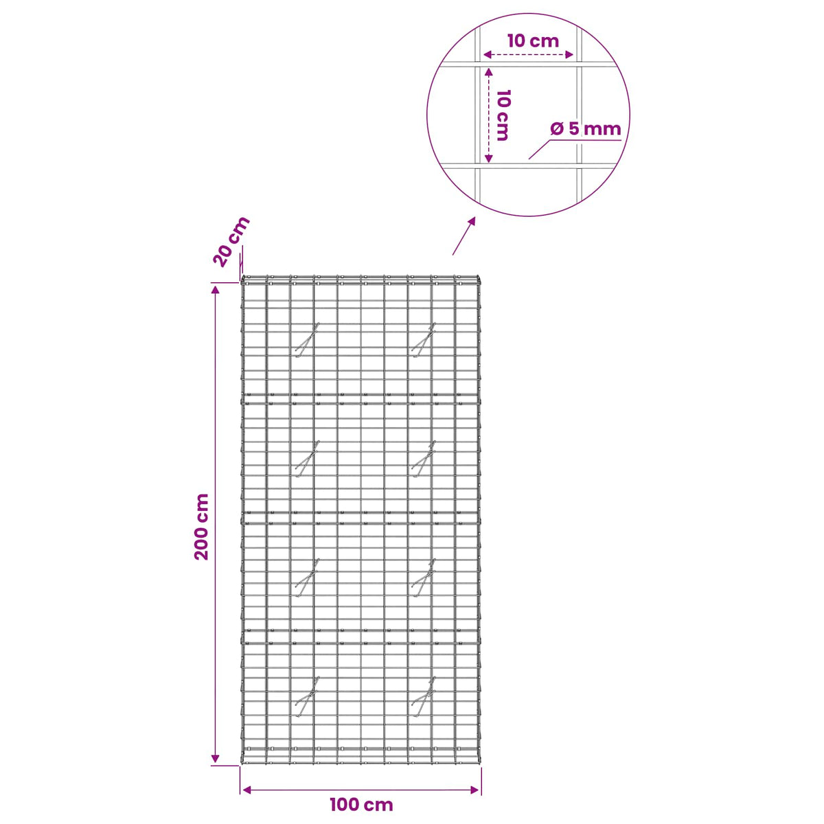 Γκαμπιόν με σύρμα 5 mm και πλέγμα 10x10 cm 100x20x200 εκ