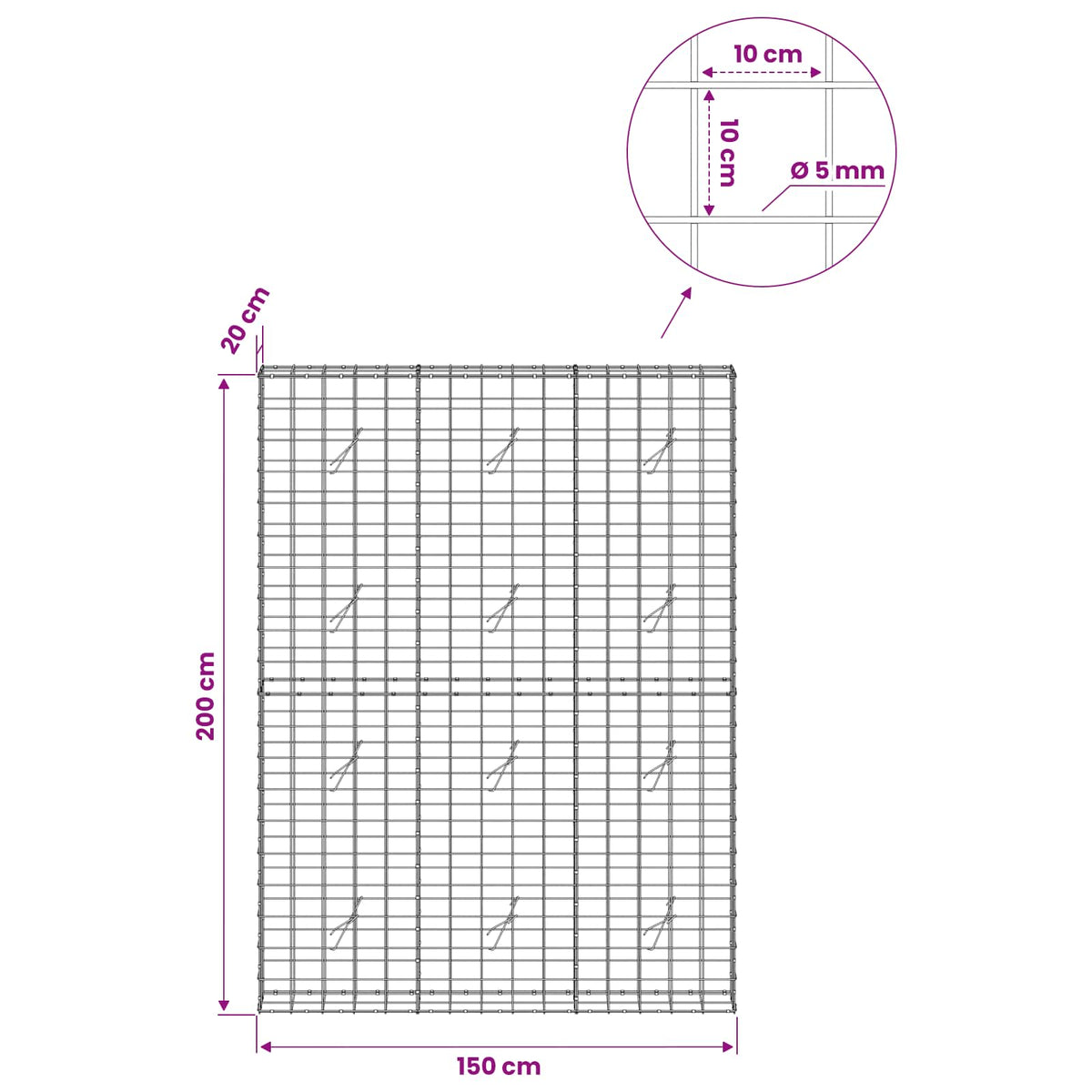 Γκαμπιόν με σύρμα 5 mm και πλέγμα 10x10 cm 150x20x200 εκ - Pakobazaar