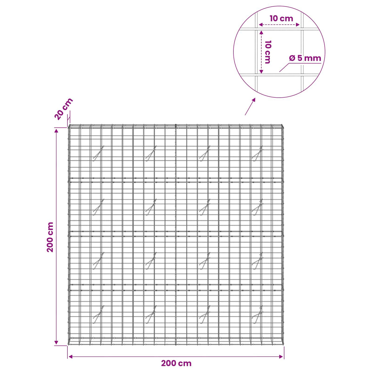 Γκαμπιόν με σύρμα 5 mm και πλέγμα 10x10 cm 200x20x200 εκ