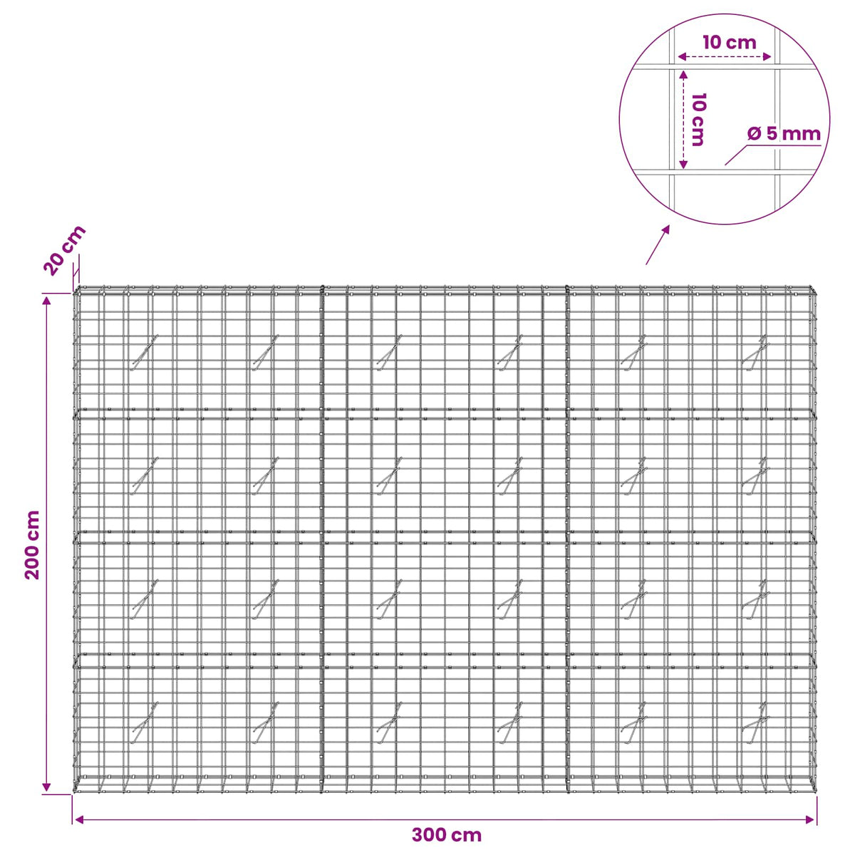 Γκαμπιόν με σύρμα 5 mm και πλέγμα 10x10 cm 300x20x200 εκ - Pakobazaar