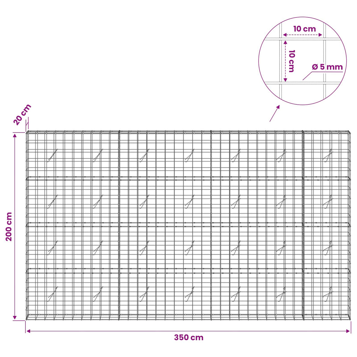 Γκαμπιόν με σύρμα 5 mm και πλέγμα 10x10 cm 350x20x200 εκ.
