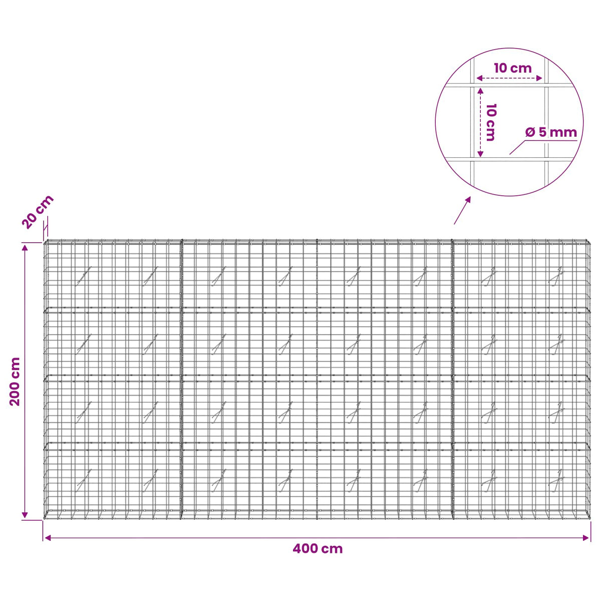 Γκαμπιόν με σύρμα 5 mm και πλέγμα 10x10 cm 400x20x200 εκ - Pakobazaar