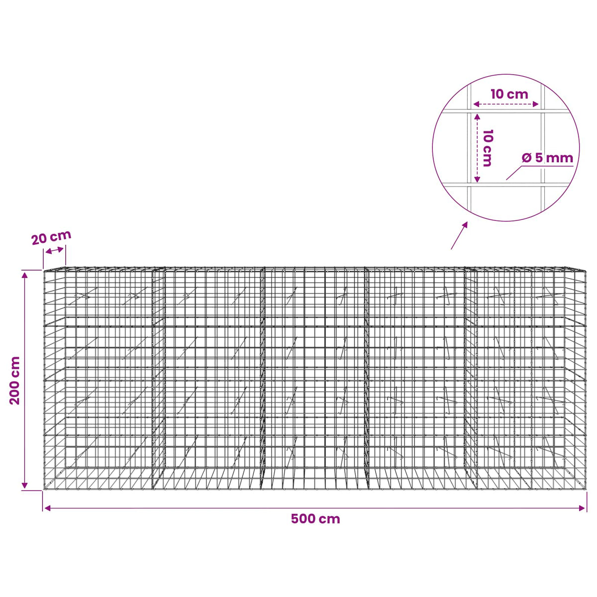 Γκαμπιόν με σύρμα 5 mm και πλέγμα 10x10 cm 500x20x200 εκ - Pakobazaar