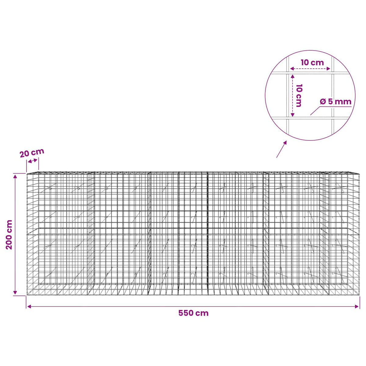 Γκαμπιόν με σύρμα 5 mm και πλέγμα 10x10 cm 550x20x200 εκ - Pakobazaar