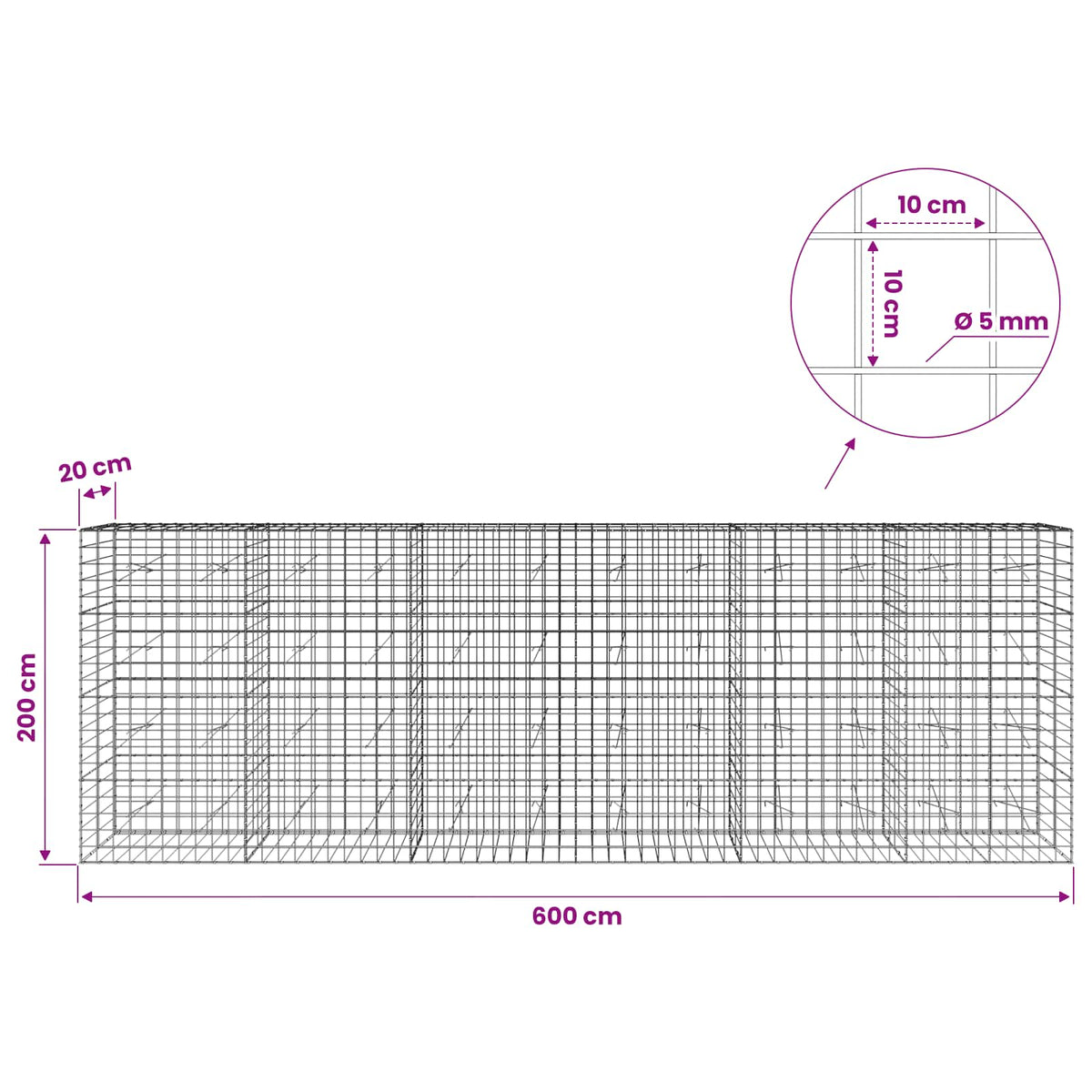 Γκαμπιόν με σύρμα 5 mm και πλέγμα 10x10 cm 600x20x200 εκ