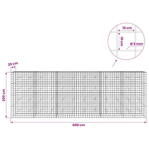 Γκαμπιόν με σύρμα 5 mm και πλέγμα 10x10 cm 600x20x200 εκ