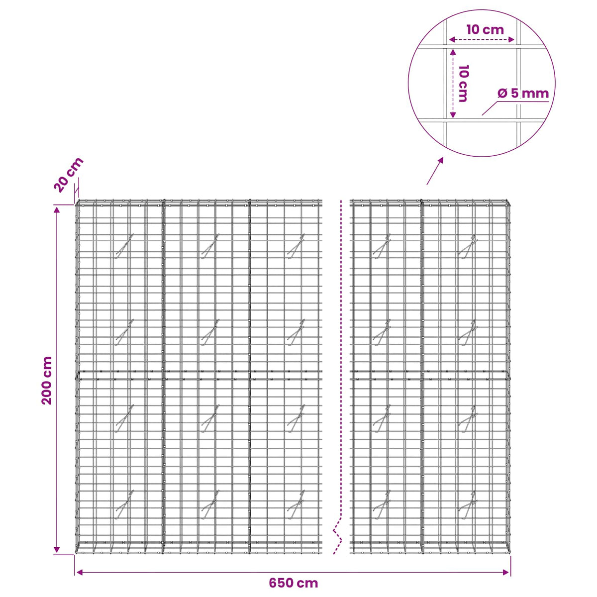 Γκαμπιόν με σύρμα 5 mm και πλέγμα 10x10 cm 650x20x200 εκ - Pakobazaar