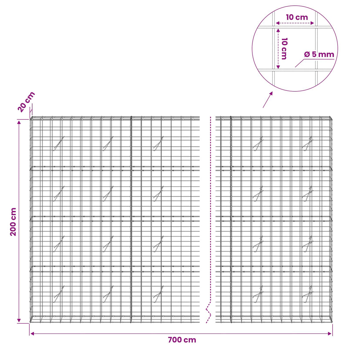 Γκαμπιόν με σύρμα 5 mm και πλέγμα 10x10 cm 700x20x200 εκ