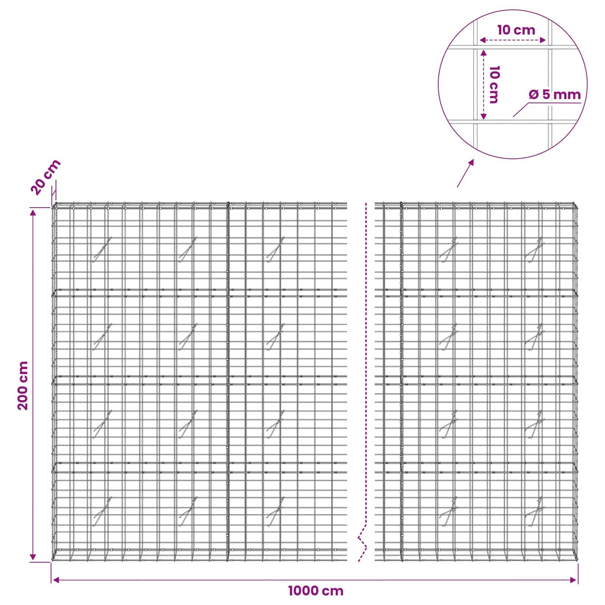 Γκαμπιόν με σύρμα 5 mm και πλέγμα 10x10 cm 1000x20x200 εκ. - Pakobazaar