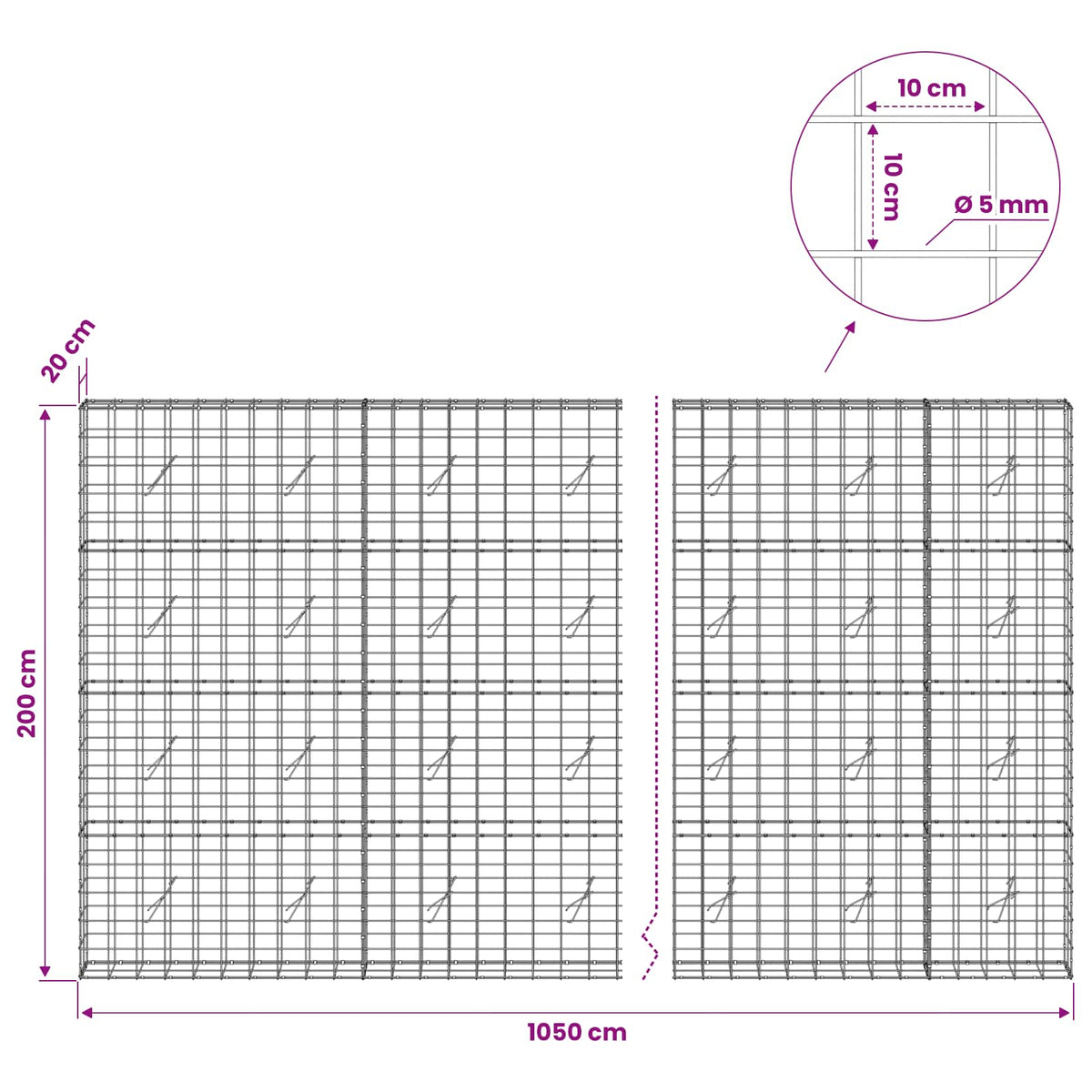 Γκαμπιόν με σύρμα 5 mm και πλέγμα 10x10 cm 1050x20x200 εκ - Pakobazaar
