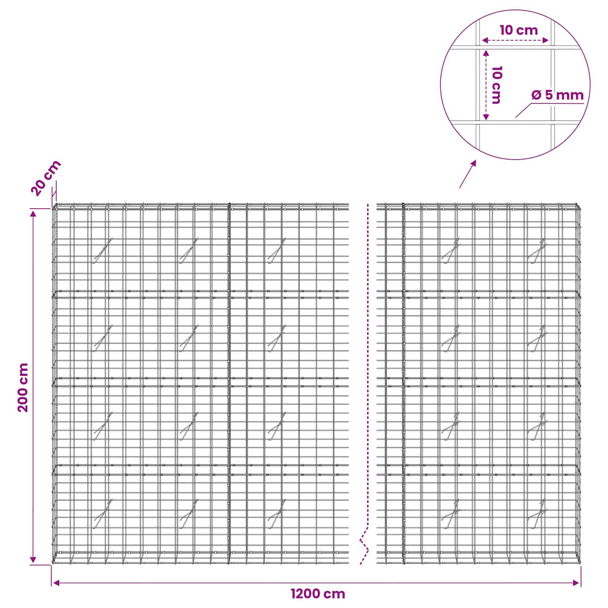 Γκαμπιόν με σύρμα 5 mm και πλέγμα 10x10 cm 1200x20x200 εκ - Pakobazaar