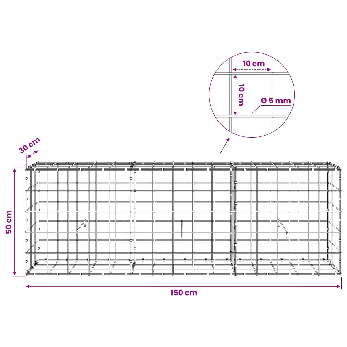 Γκαμπιόν με σύρμα 5 mm και πλέγμα 10x10 cm 150x30x50 εκ - Pakobazaar