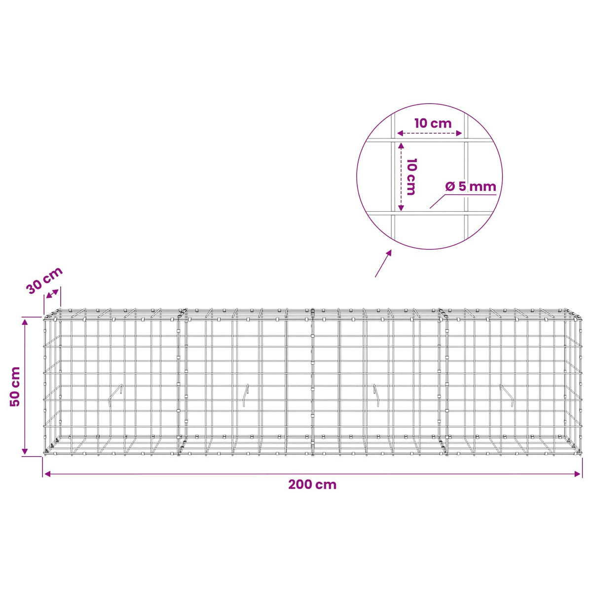 Γκαμπιόν με σύρμα 5 mm και πλέγμα 10x10 cm 200x30x50 εκ - Pakobazaar