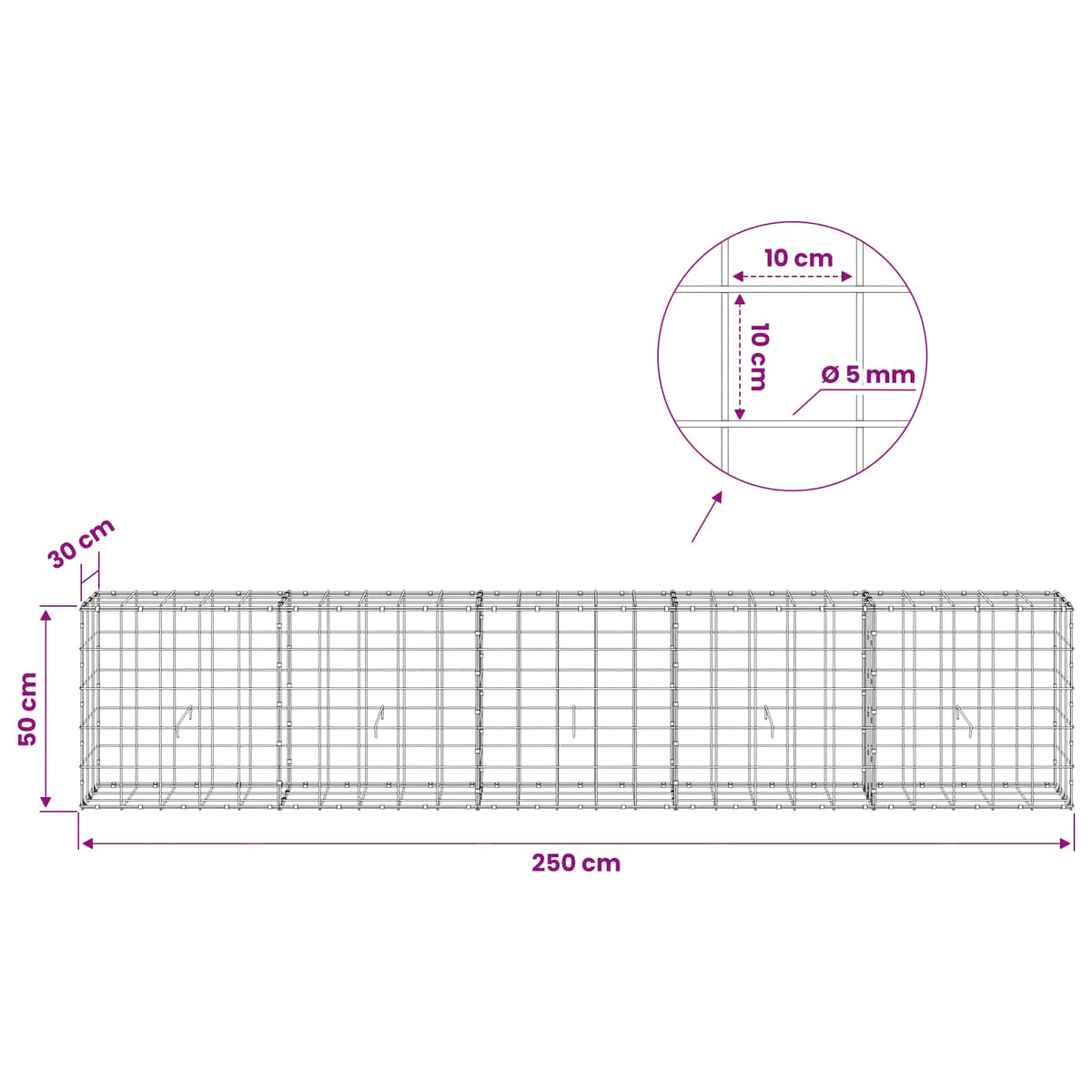 Γκαμπιόν με σύρμα 5 mm και πλέγμα 10x10 cm 250x30x50 εκ