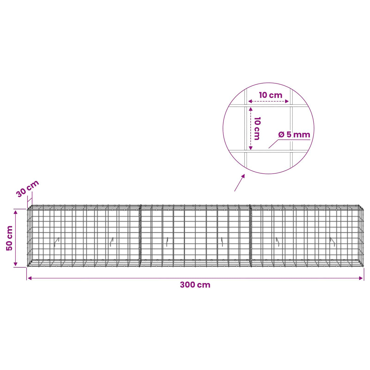 Γκαμπιόν με σύρμα 5 mm και πλέγμα 10x10 cm 300x30x50 εκ - Pakobazaar