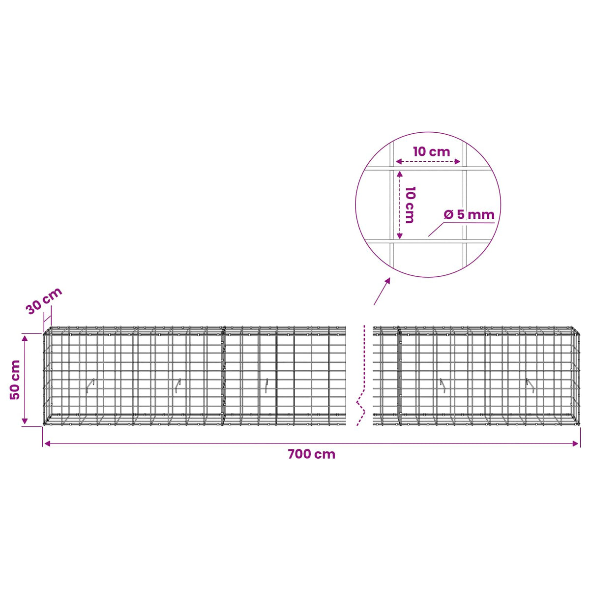 Γκαμπιόν με σύρμα 5 mm και πλέγμα 10x10 cm 700x30x50 εκ. - Pakobazaar