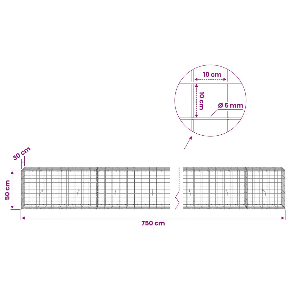 Γκαμπιόν με σύρμα 5 mm και πλέγμα 10x10 cm 750x30x50 εκ - Pakobazaar