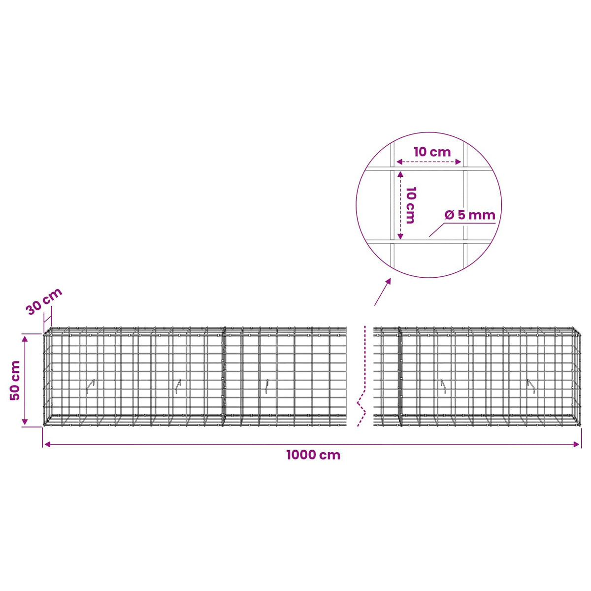 Γκαμπιόν με σύρμα 5 mm και πλέγμα 10x10 cm 1000x30x50 εκ - Pakobazaar