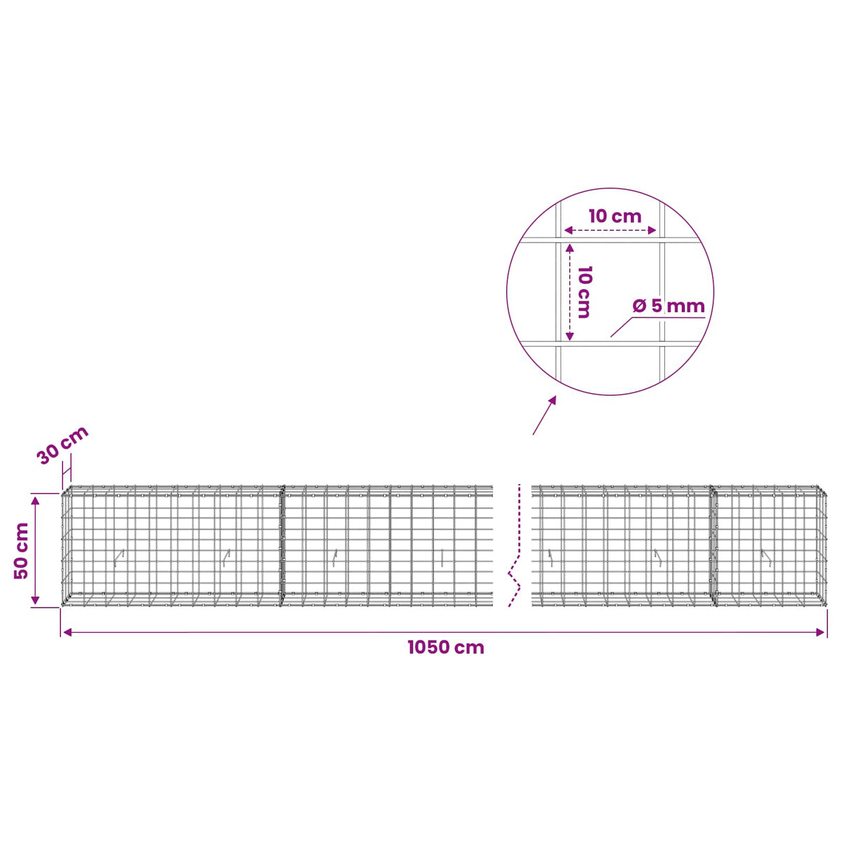 Γκαμπιόν με σύρμα 5 mm και πλέγμα 10x10 cm 1050x30x50 εκ - Pakobazaar