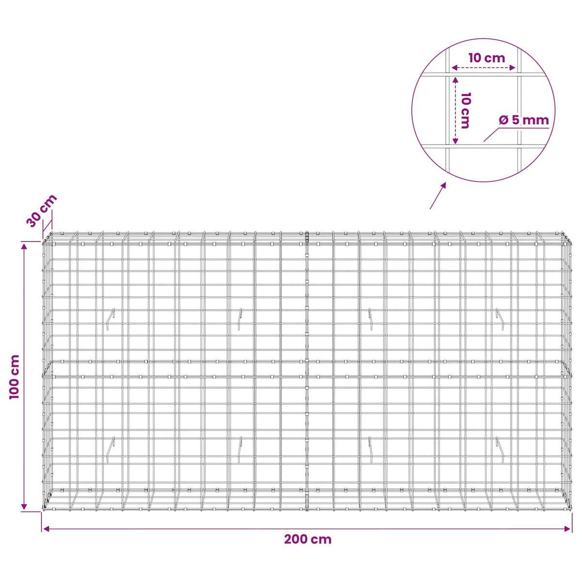 Γκαμπιόν με σύρμα 5 mm και πλέγμα 10x10 cm 200x30x100 εκ