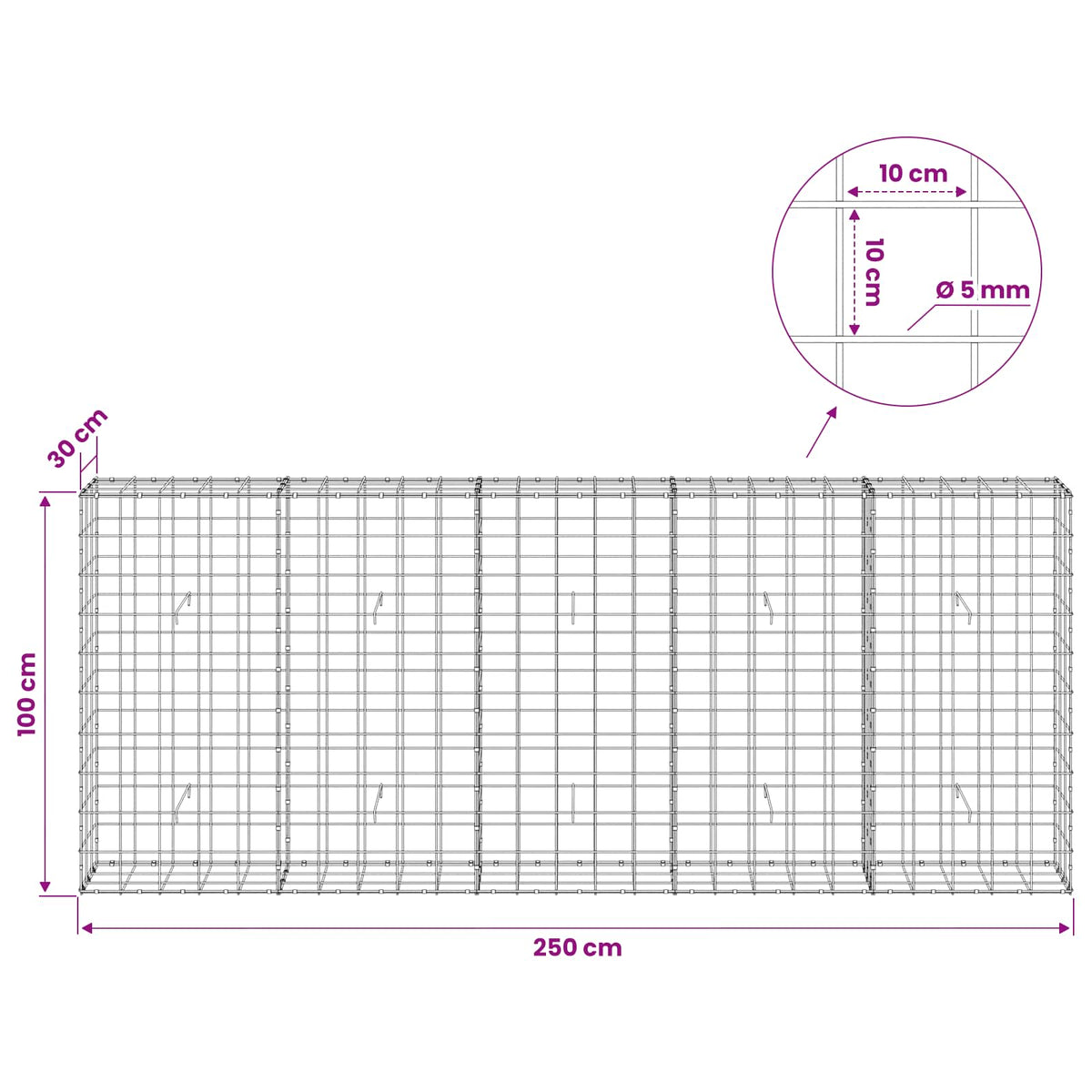 Γκαμπιόν με σύρμα 5 mm και πλέγμα 10x10 cm 250x30x100 εκ - Pakobazaar