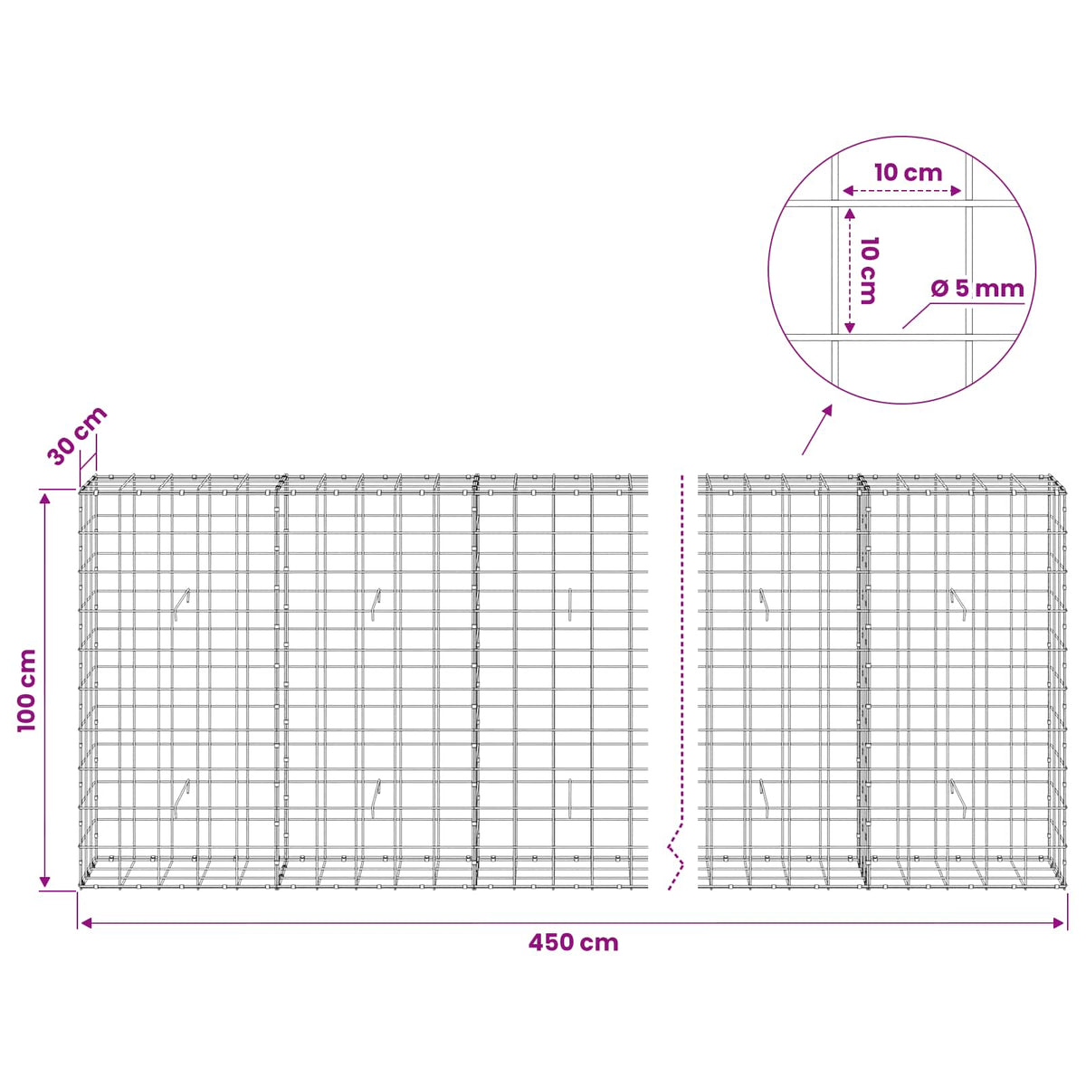 Γκαμπιόν με σύρμα 5 mm και πλέγμα 10x10 cm 450x30x100 εκ - Pakobazaar
