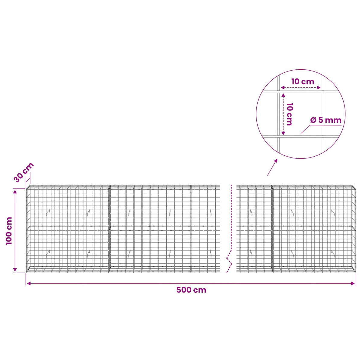 Γκαμπιόν με σύρμα 5 mm και πλέγμα 10x10 cm 500x30x100 εκ - Pakobazaar
