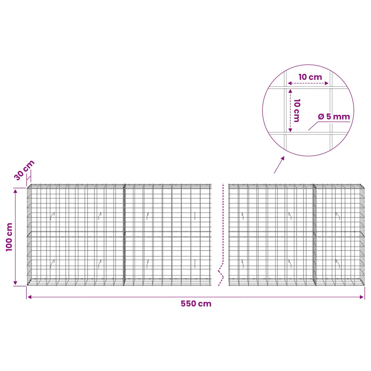 Γκαμπιόν με σύρμα 5 mm και πλέγμα 10x10 cm 550x30x100 εκ - Pakobazaar