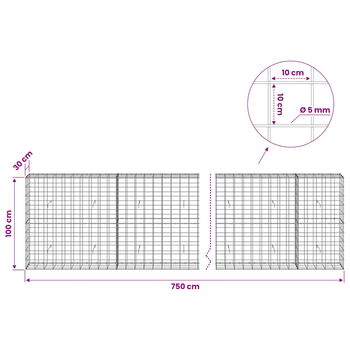Γκαμπιόν με σύρμα 5 mm και πλέγμα 10x10 cm 750x30x100 εκ