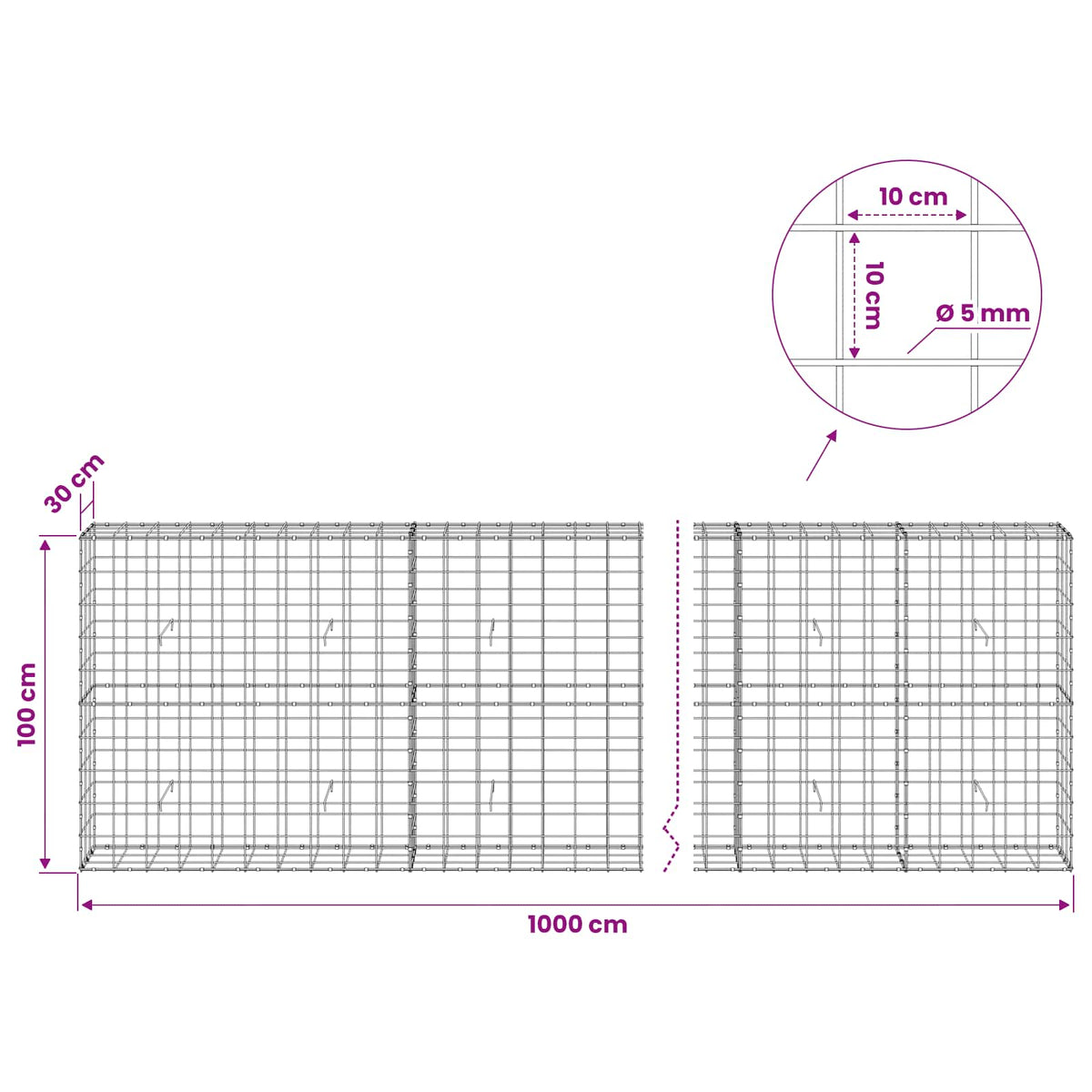 Γκαμπιόν με σύρμα 5 mm και πλέγμα 10x10 cm 1000x30x100 εκ - Pakobazaar