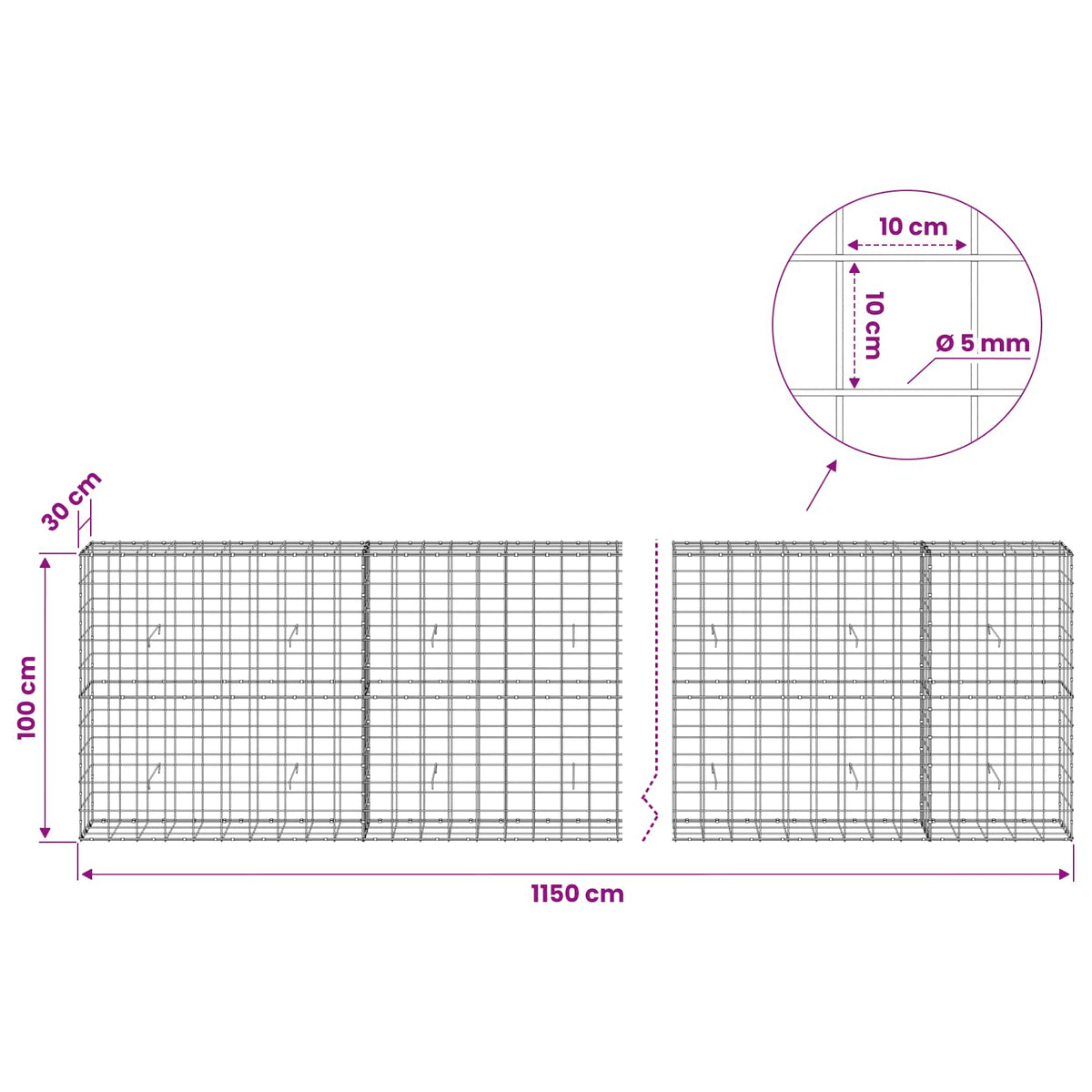 Γκαμπιόν με σύρμα 5 mm και πλέγμα 10x10 cm 1150x30x100 εκ - Pakobazaar